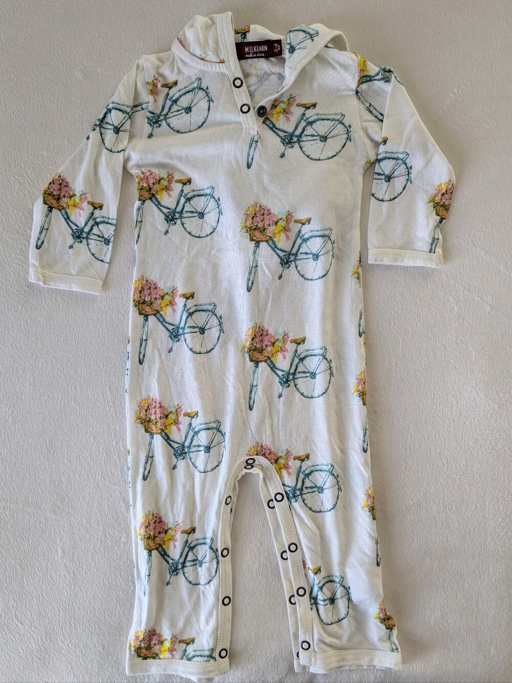 Milkbarn Romper with Teal Bicycle and Pink Floral Accents